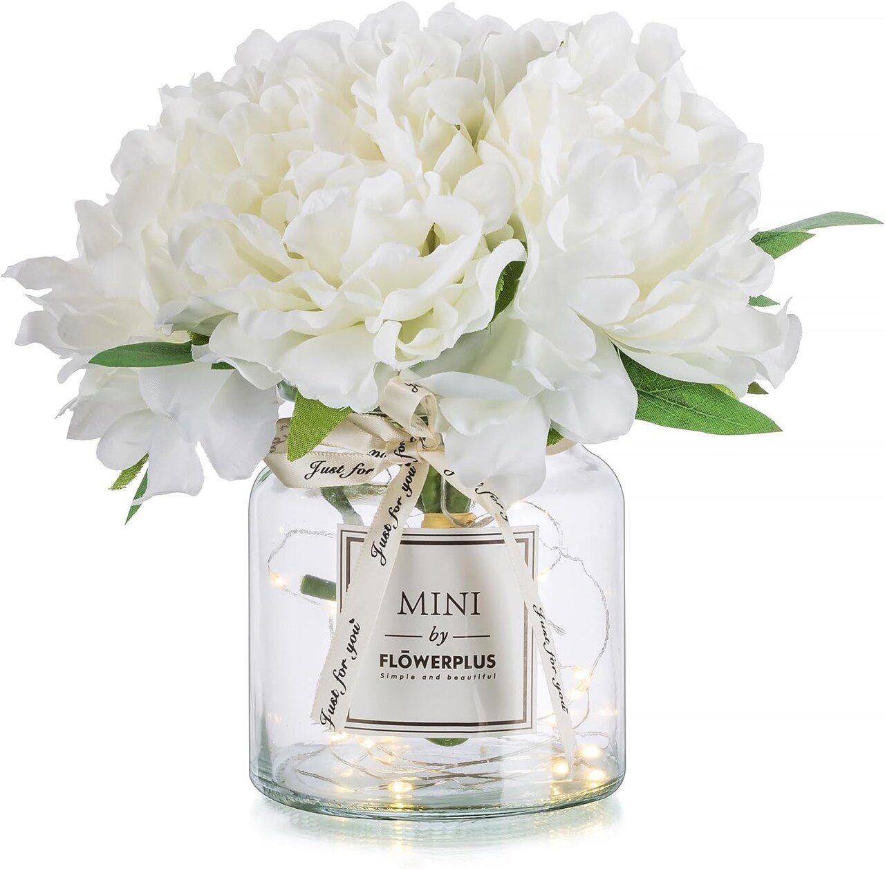 Fake Flowers in Vase for Table: White Artificial Peony with Glass Vase LED Light for Centerpieces Decor - Small Faux Arrangements Desk Vanity Bathroom Office Decoration